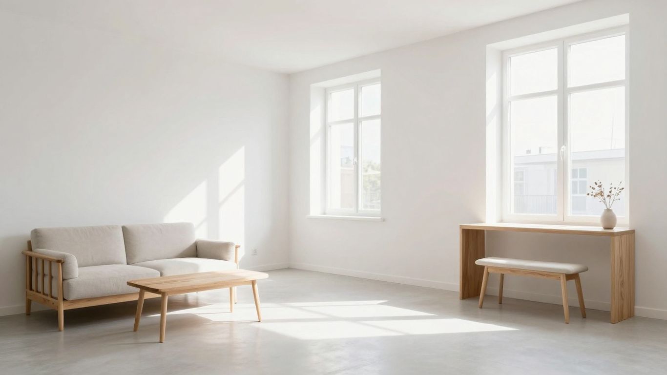 Minimalist Airbnb interior with white walls and modern furniture.