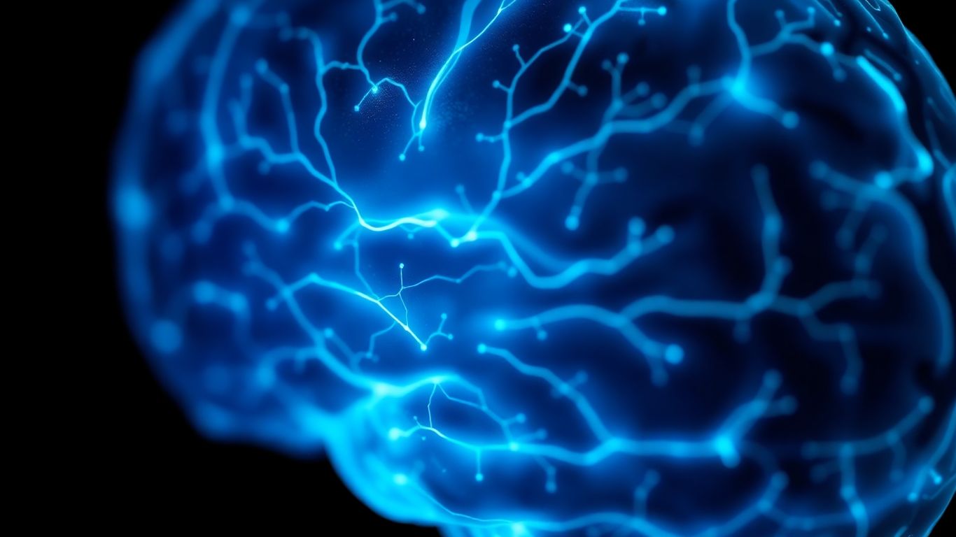 Brain scan with glowing neural pathways.