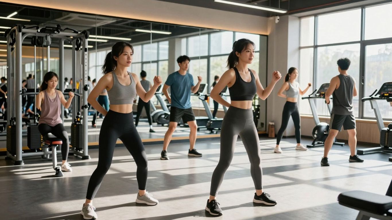 Gym interior with people exercising.