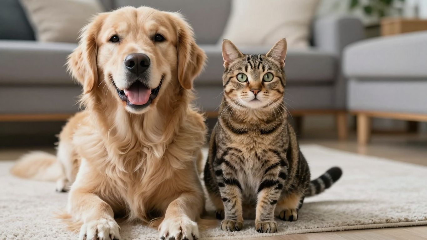 Golden retriever and tabby cat looking at camera.