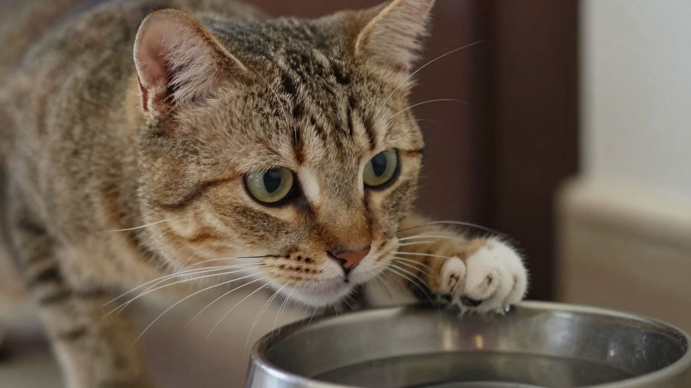 Cat looking at a water bowl, ready to drink.