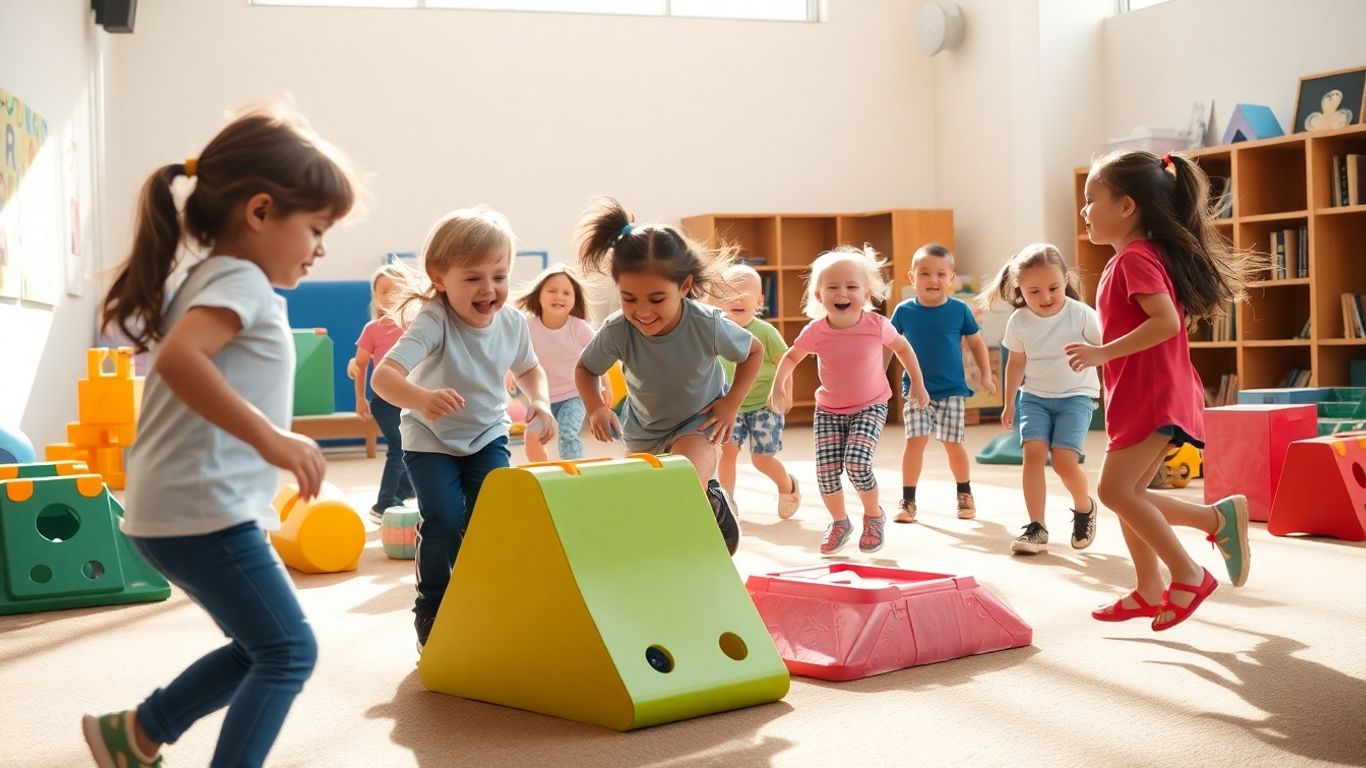 Kinder bewegen sich fröhlich in einer Sportstunde.