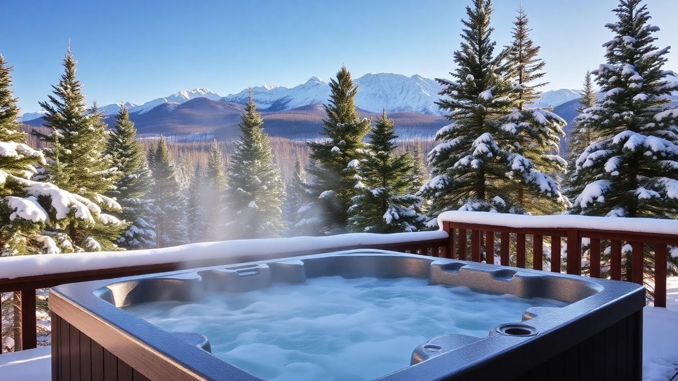Jacuzzi fumant dans un paysage de montagne enneigé en hiver.
