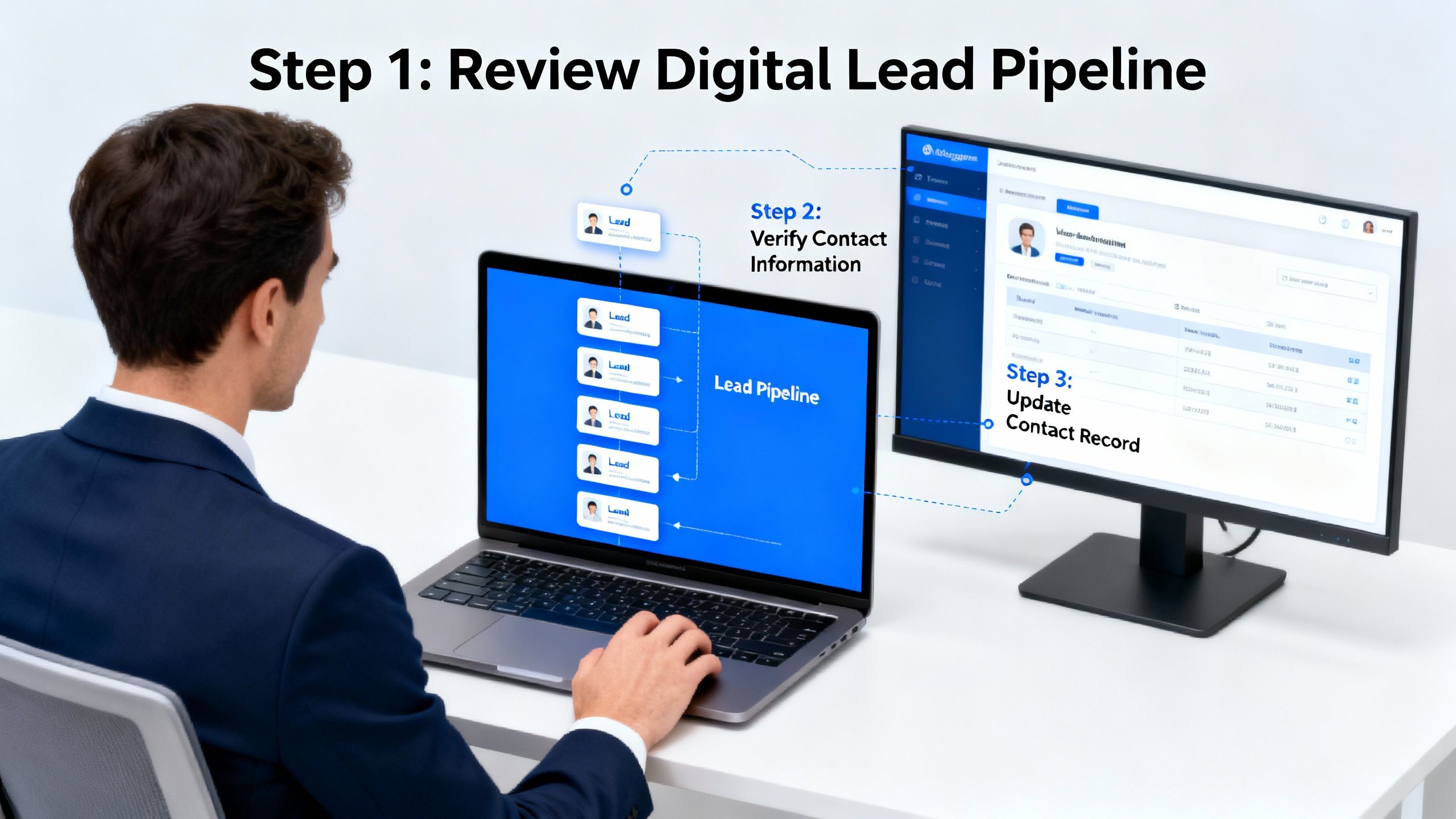 Conceptual workflow: a mortgage broker reviewing a digital lead pipeline and updating a contact record