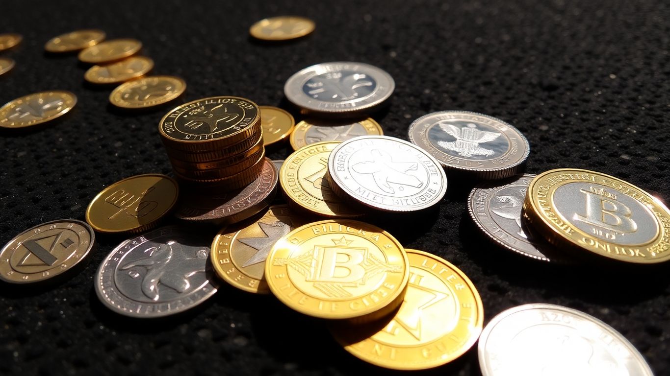 Gold and silver coins with intricate designs.
