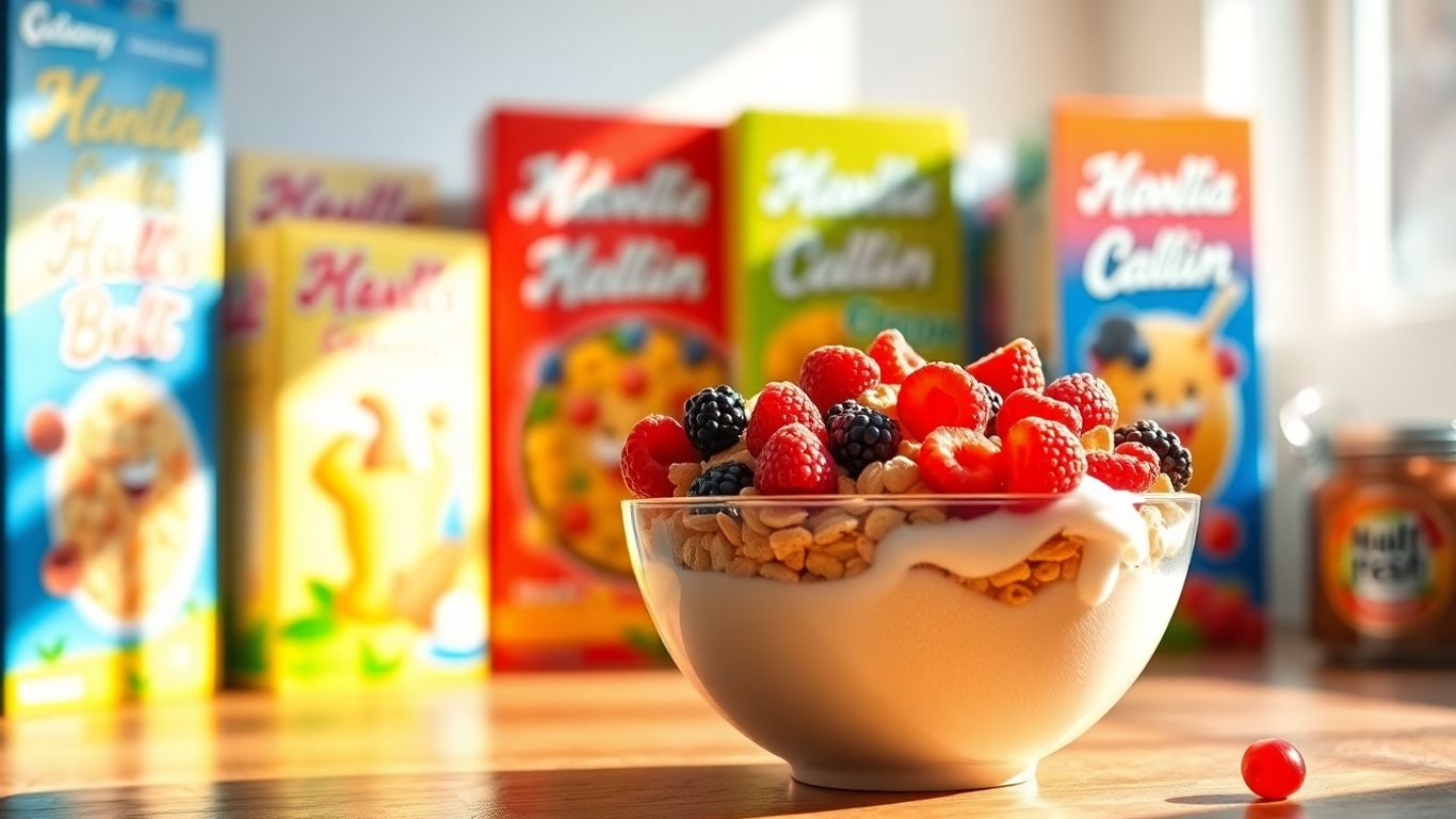 Healthy cereal with berries and milk for breakfast.