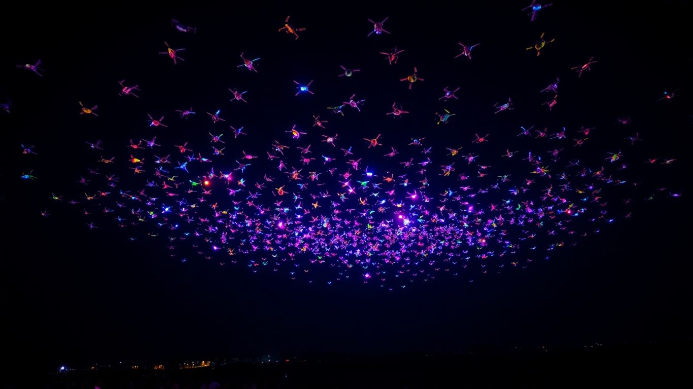 Festival drone Bali dengan drone bercahaya di langit malam.