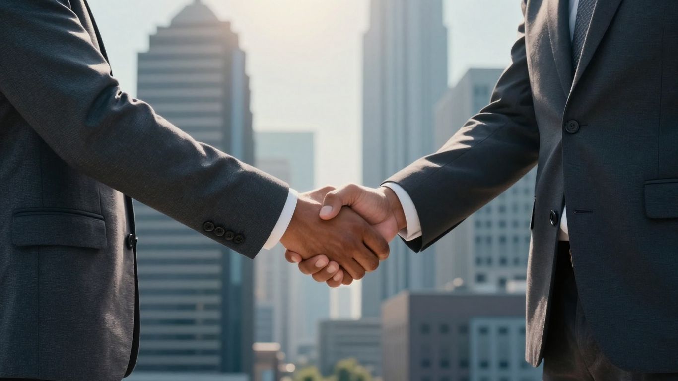 Diverse handshake against a city backdrop with sunlight.