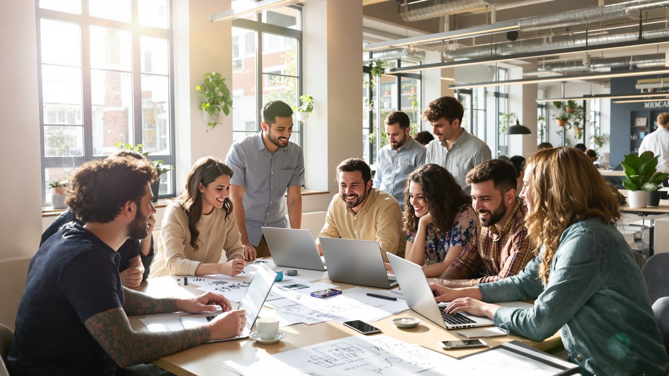 Entrepreneurs collaborating in a bright, modern office space.