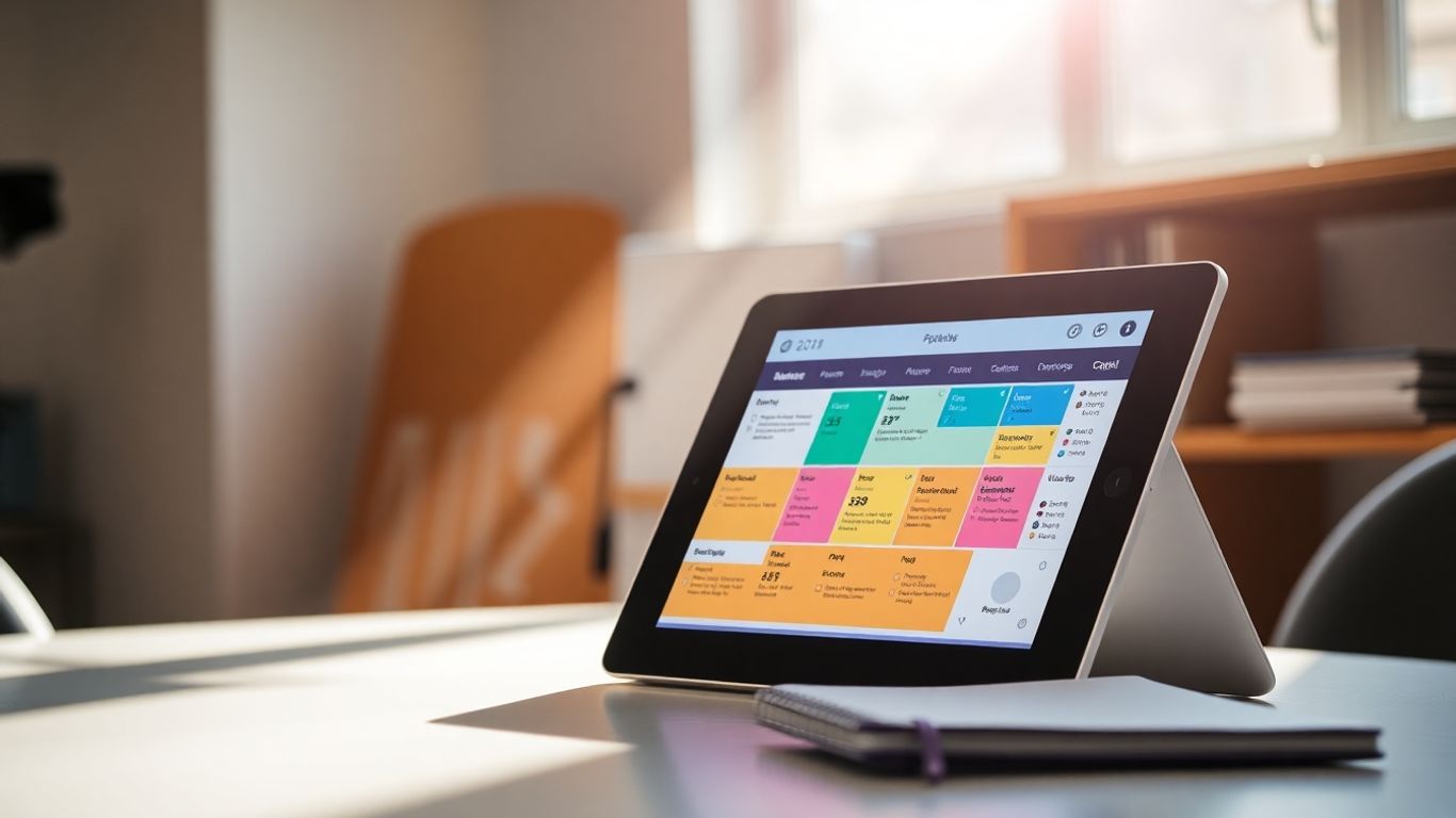 Tablet mit Unterrichtsplan und Sport Icons