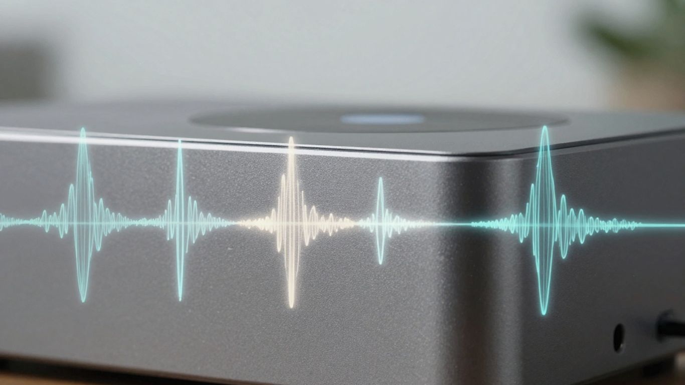 Futuristic AI voice agent device emitting sound waves.