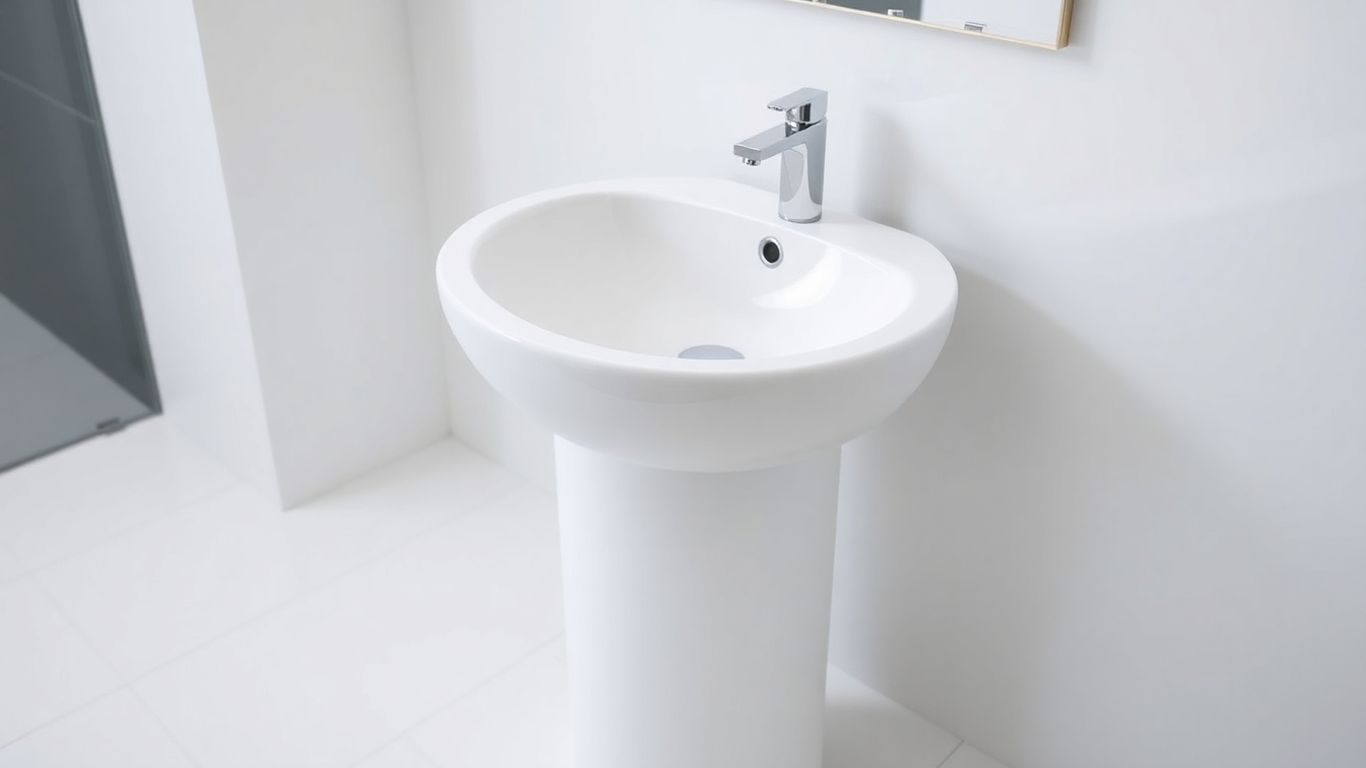 Elegant freestanding artificial stone pedestal washbasin in a modern bathroom.