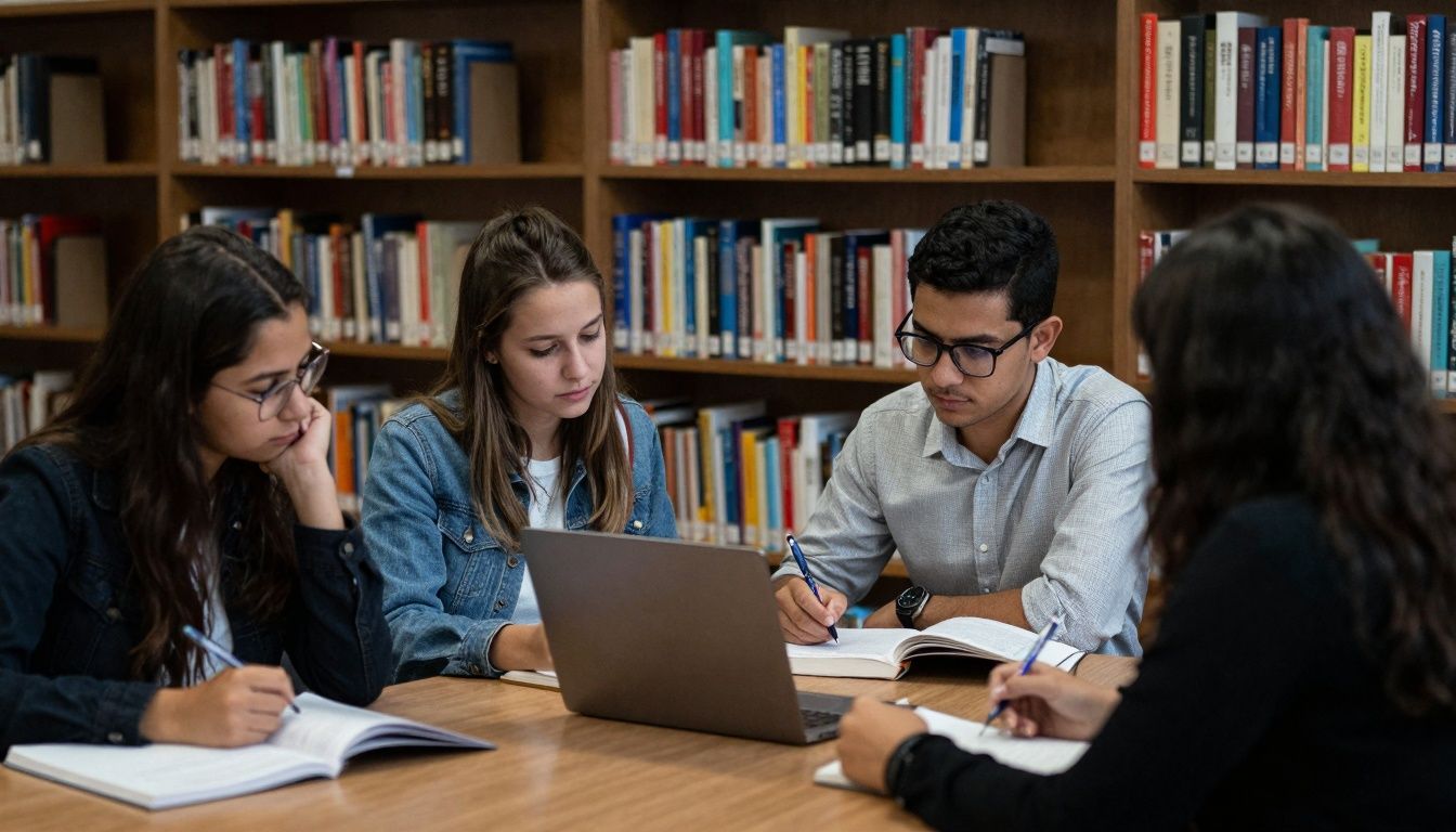 Pessoas estudando juntas para concursos públicos em uma biblioteca iluminada e acolhedora