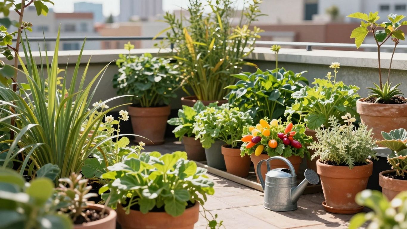 Grüner Stadtgarten mit Gemüse und Pflanzen auf dem Dach.
