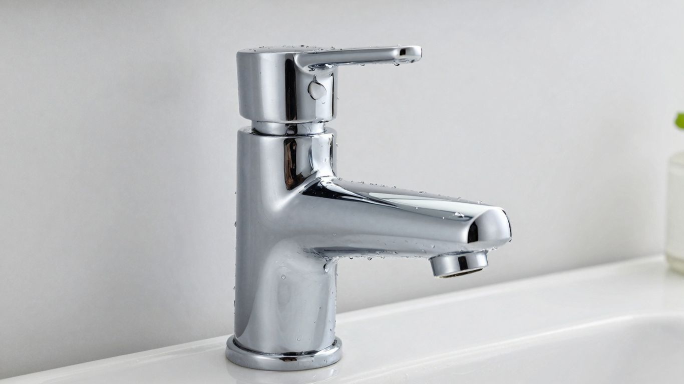 Polished nickel bathroom faucet with water droplets.
