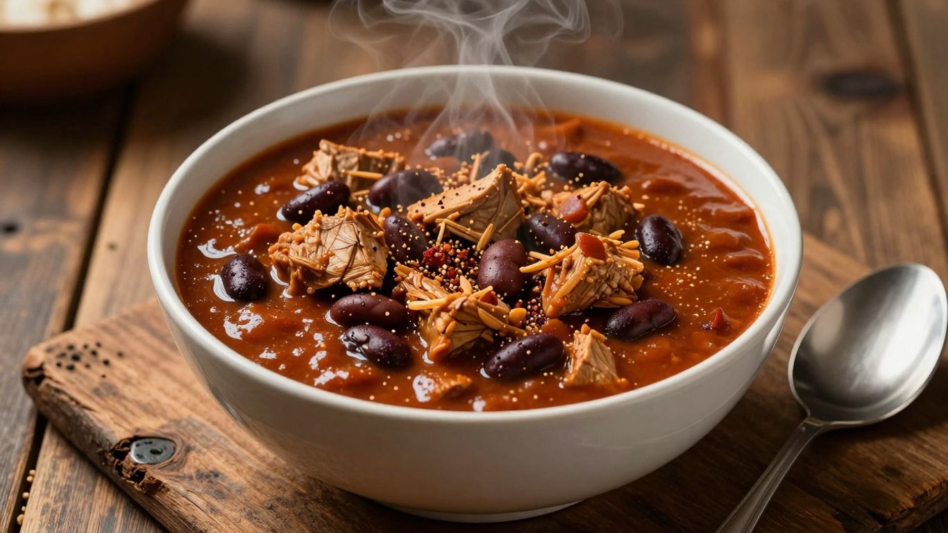 Bowl of hearty turkey chili with beans and spices.