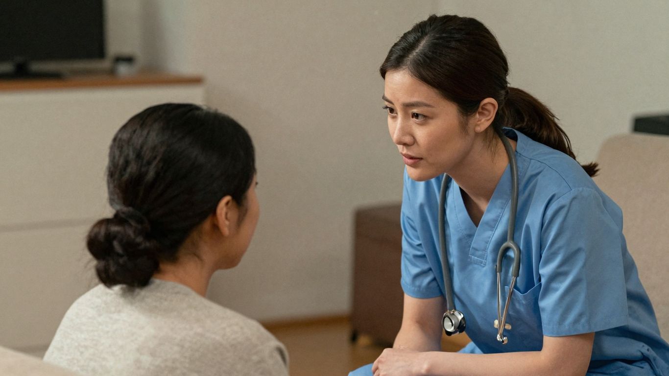 Nurse and patient in a supportive therapeutic communication session.