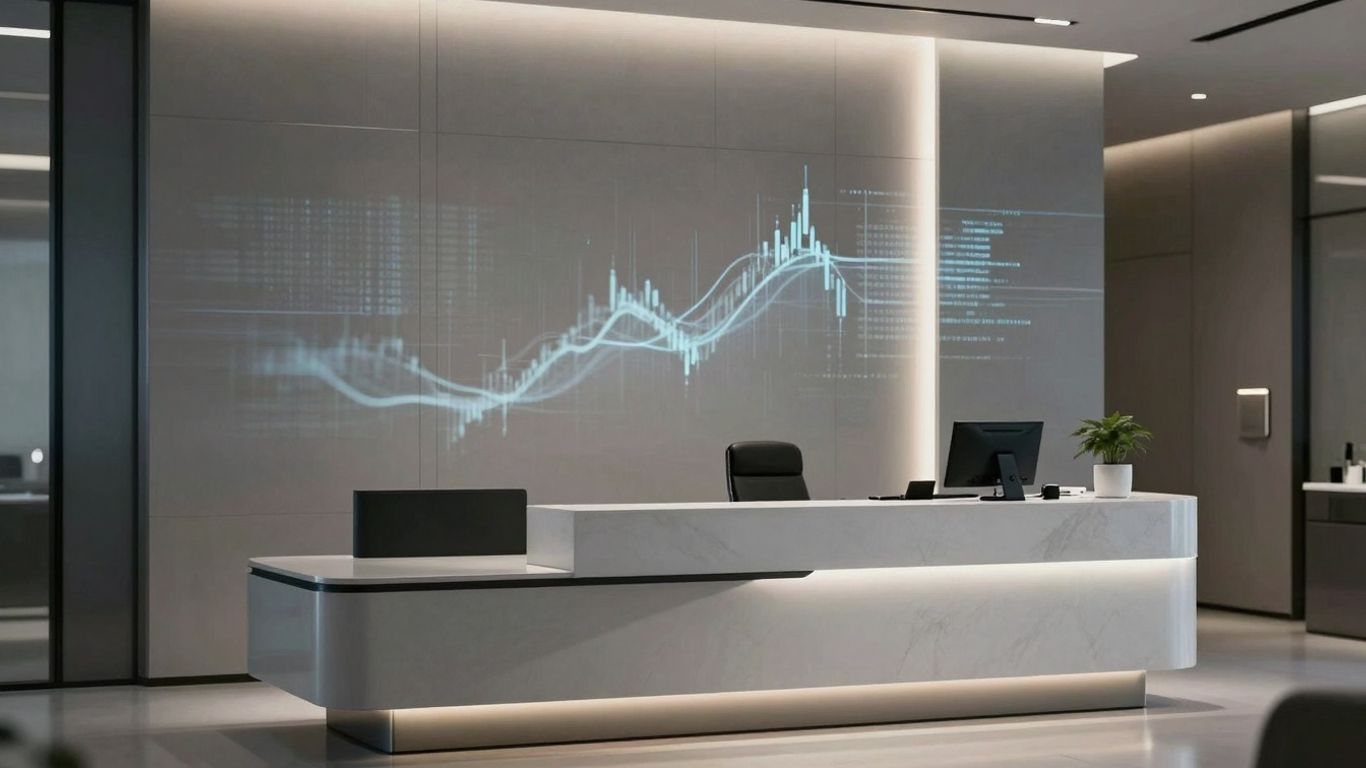 Aesthetic clinic interior with subtle financial data visualization.