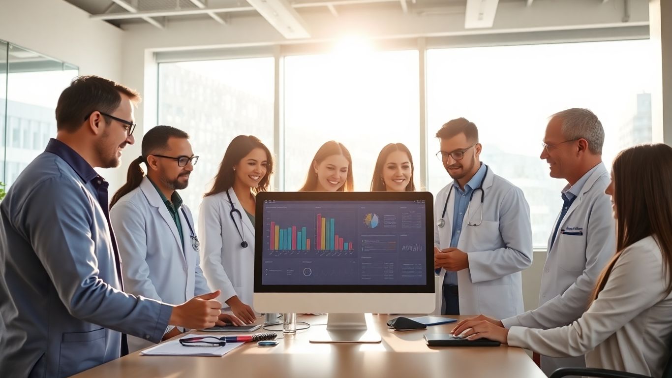 Healthcare professionals reviewing patient data on a computer.