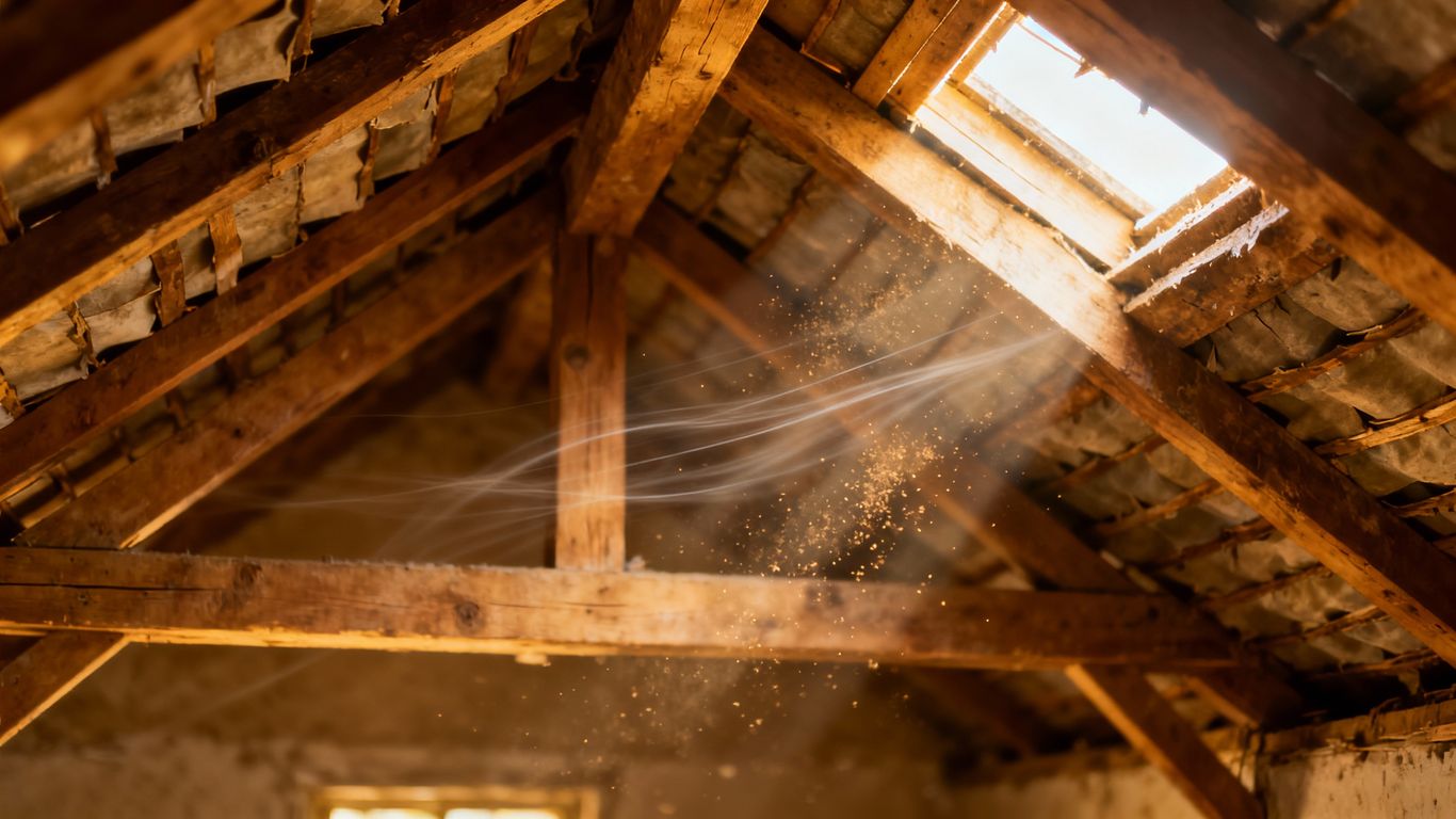 Attic ventilation with visible airflow and sunlight.