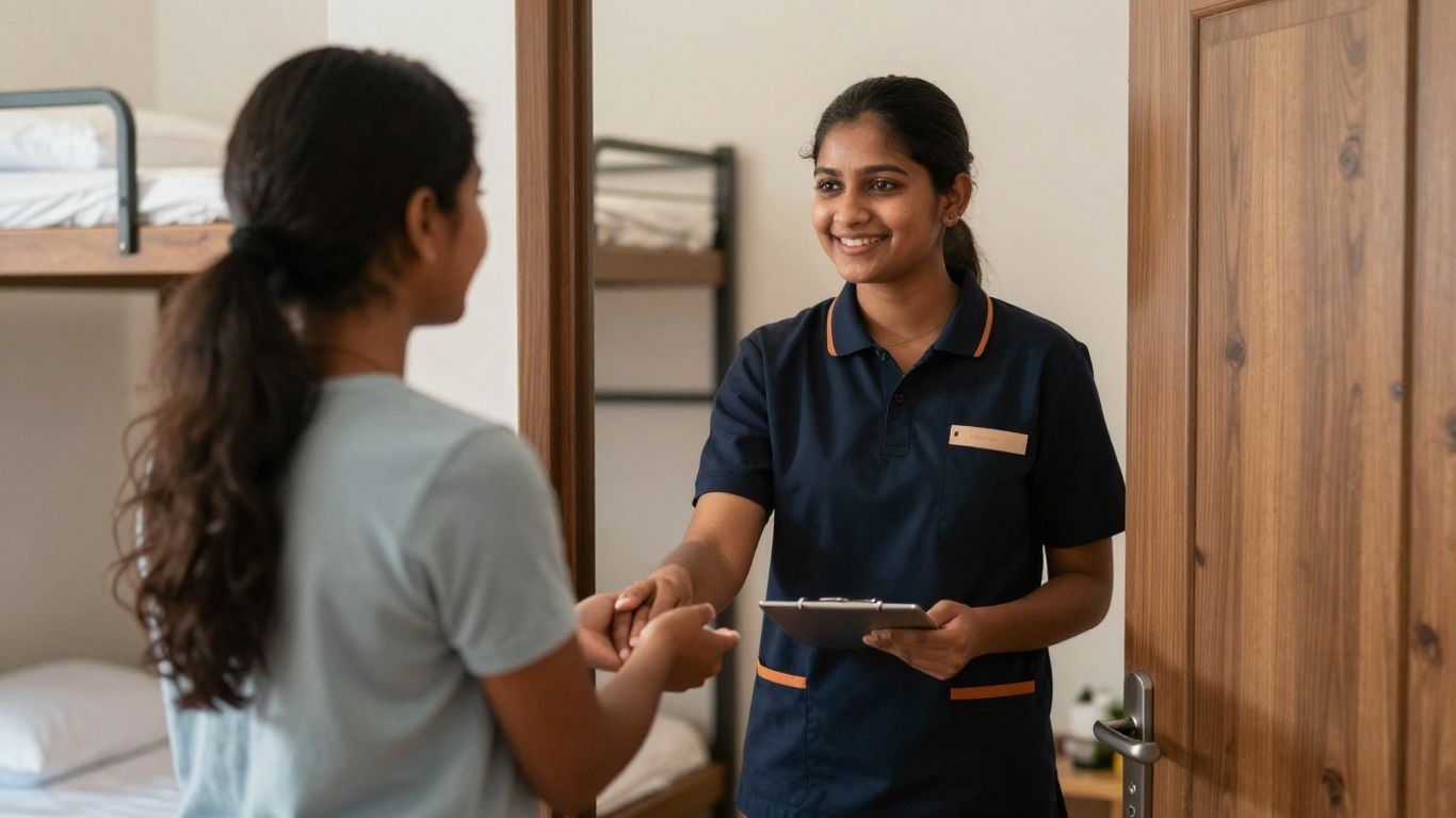 Concierge offering help to a guest at a hostel.