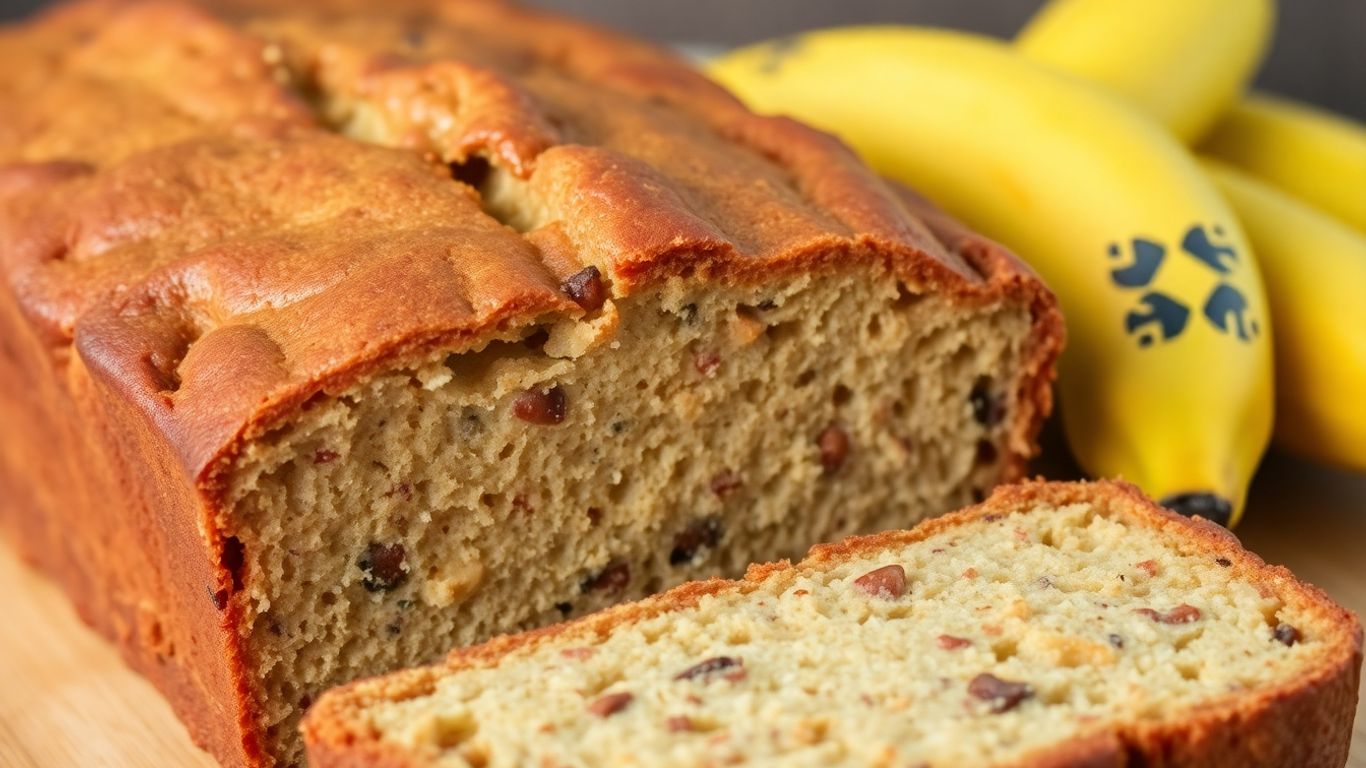 Sliced banana bread loaf with ripe bananas