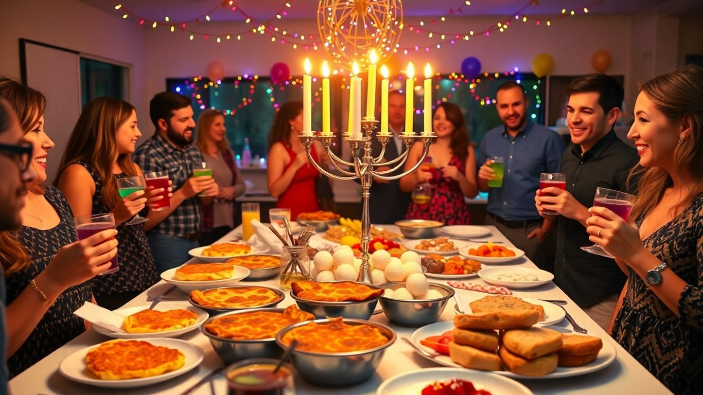 Modern Hanukkah party with food, menorah, and guests.