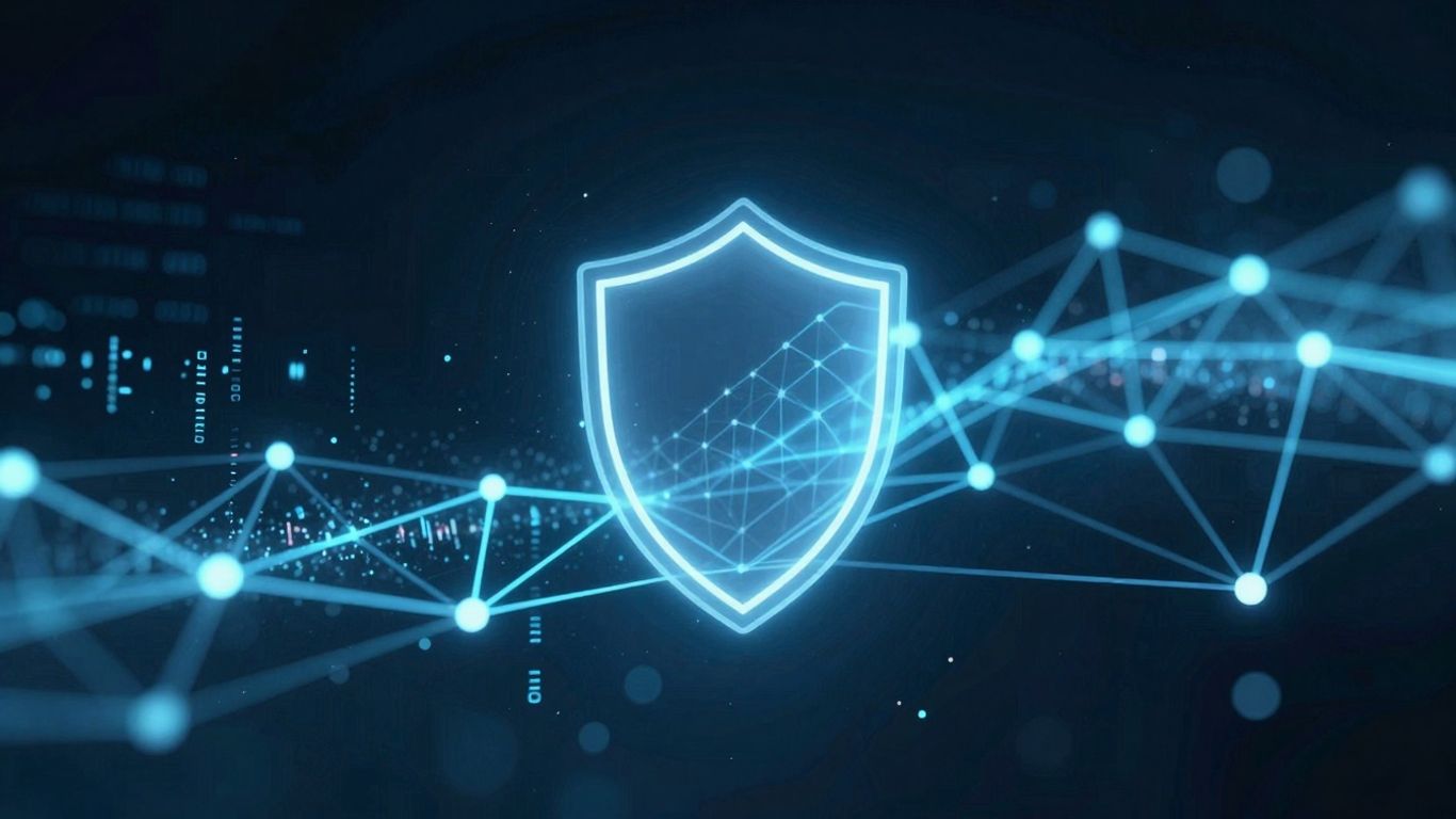 Digital network with glowing lines and protective shield.