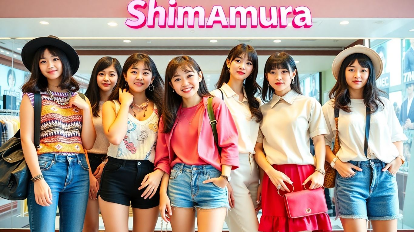 Stylish Japanese women modeling Shimamura's trendy clothing.