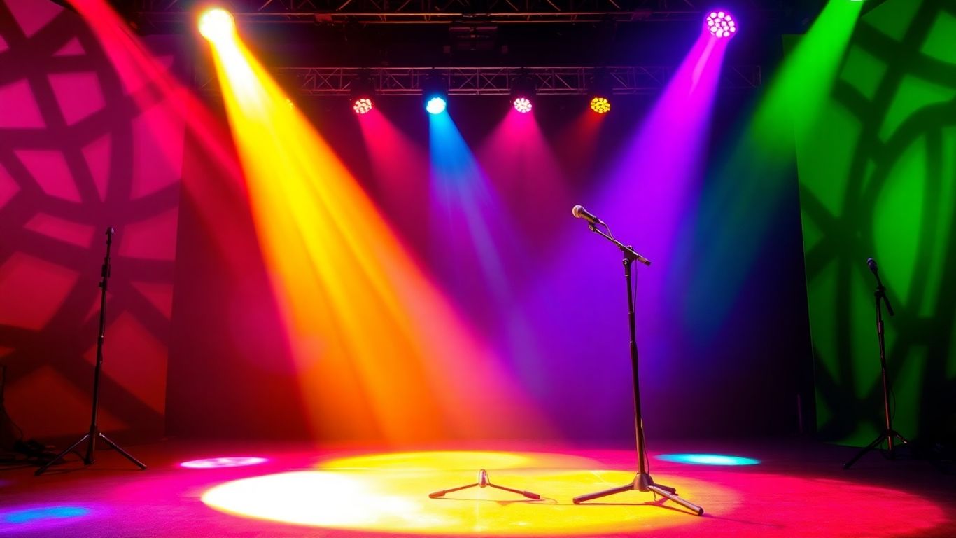 Empty stage with spotlights and abstract light patterns.
