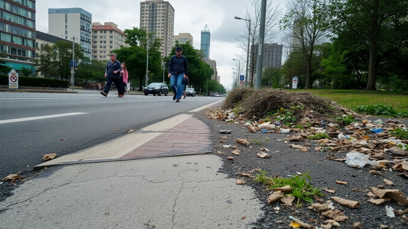 Temporary road patch with urban decay and litter nearby.
