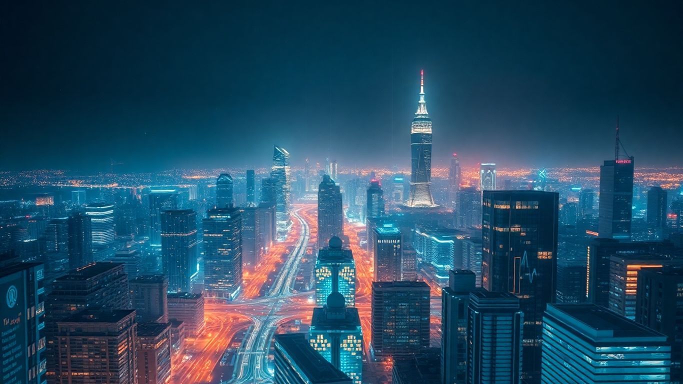 ภาพเมืองแห่งอนาคตที่สว่างไสวด้วยแสงดิจิทัล