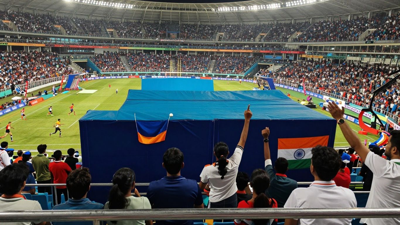 Excited fans cheering in a brightly lit Indian sports stadium.