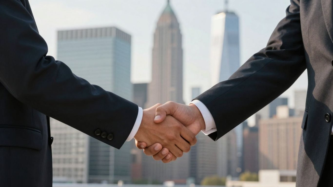 Handshake with New York City skyline background.