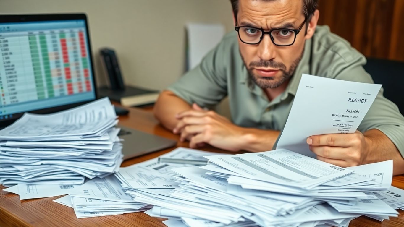 Buchhalter prüft Rechnungen am Schreibtisch mit Laptop.