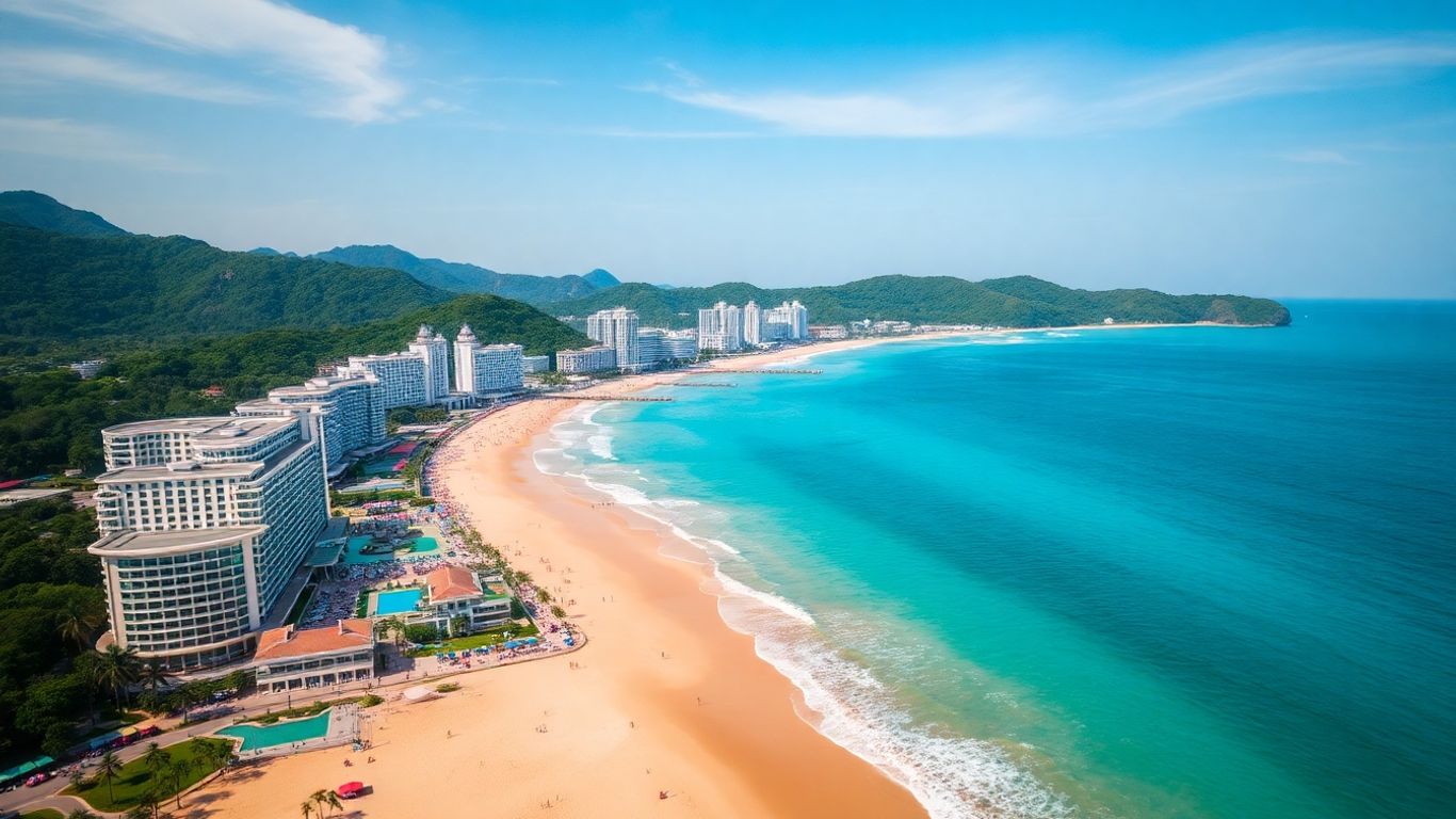 Luxury resorts line golden sands of Patong Beach, Phuket.