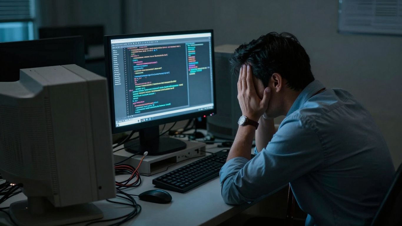 Confused business person surrounded by tangled wires and old computers.