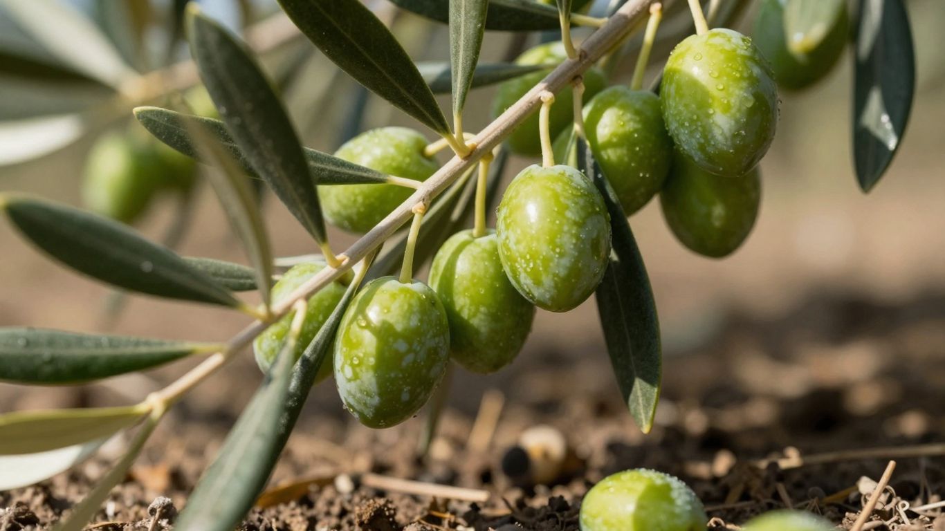 Galhos de oliveira com azeitonas maduras e folhas verdes.