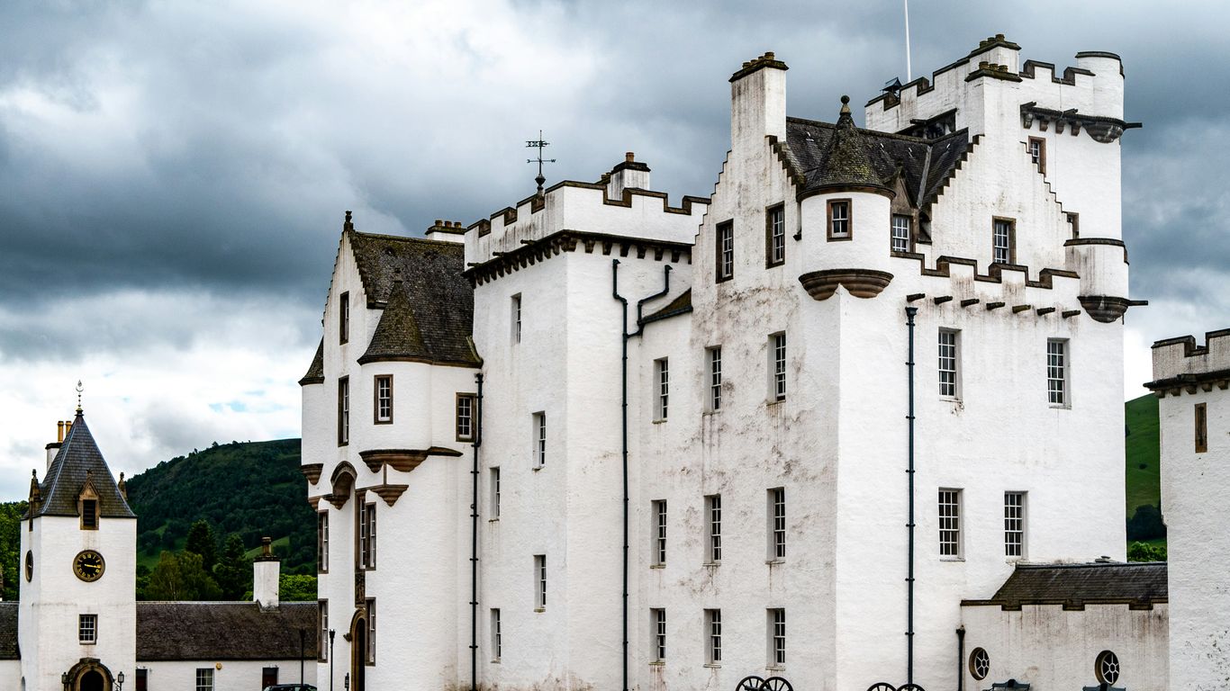 Blair Castle in Atholl, Scotland under white and gray sky