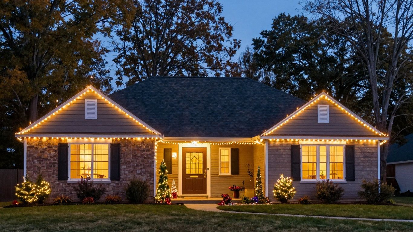 House with permanent Christmas lights glowing at dusk.