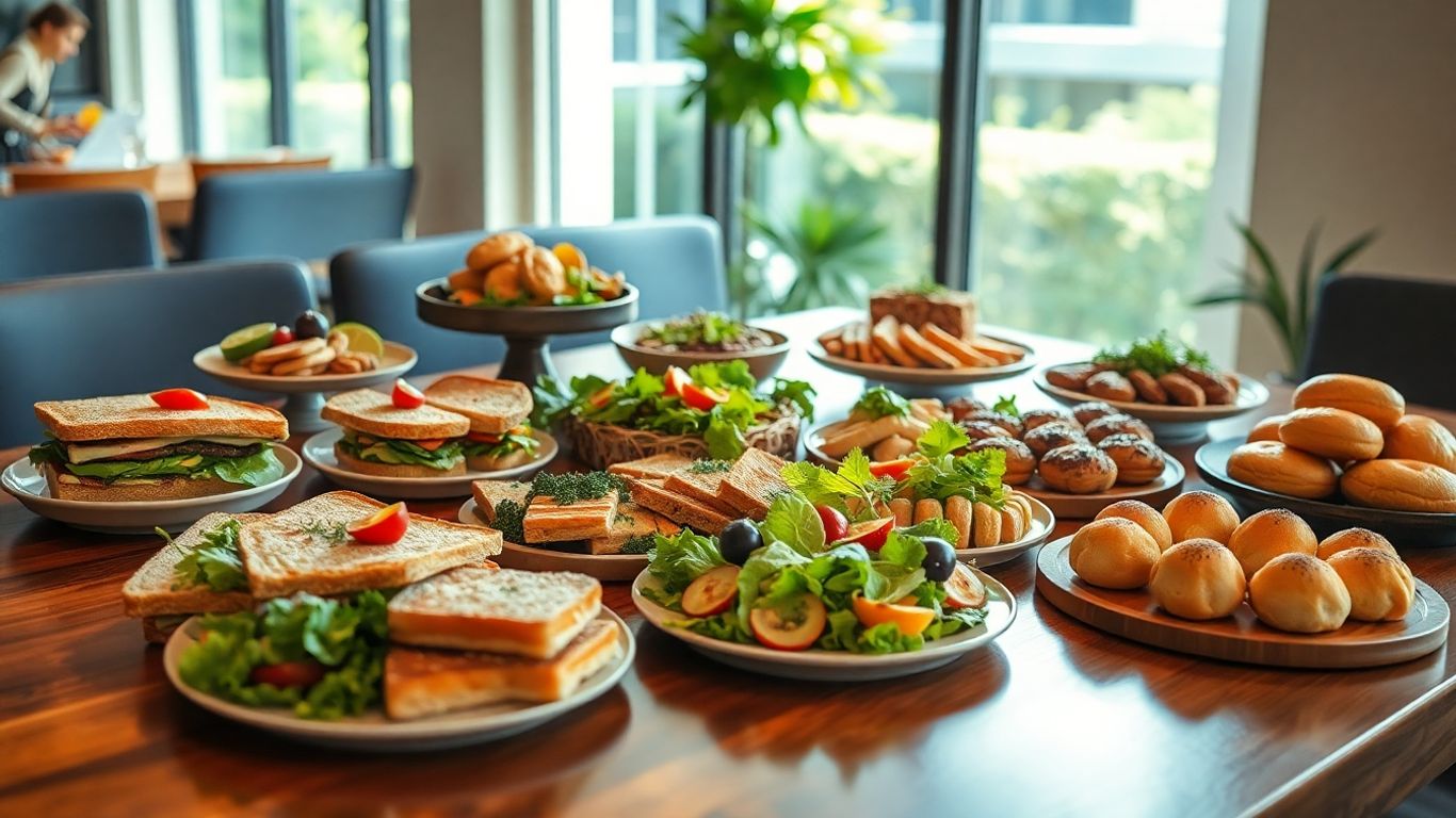 Diverse office catering platters on a wooden table.