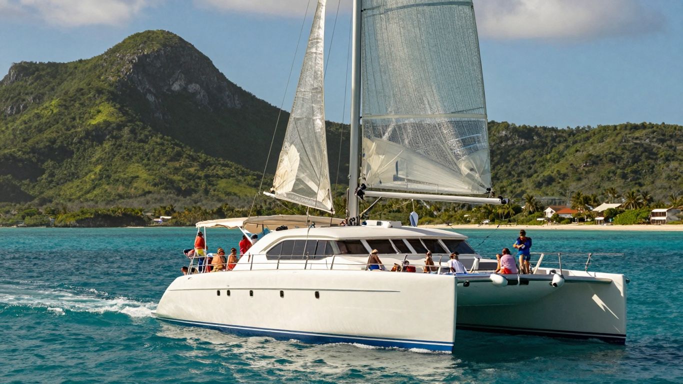 Catamaran sailing in turquoise Caribbean waters near islands.
