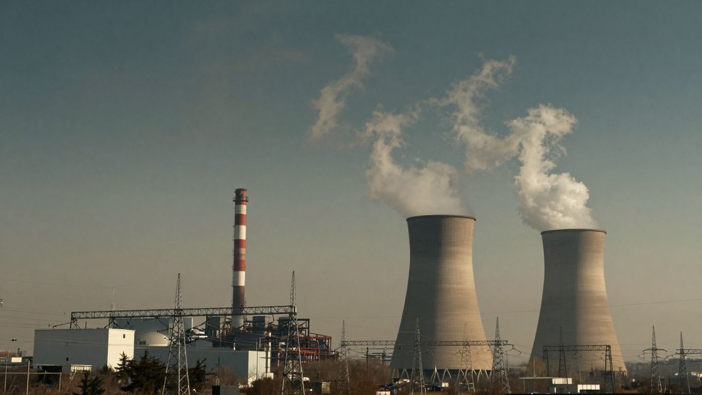 Paysage industriel fumant avec des centrales électriques et des lignes électriques.