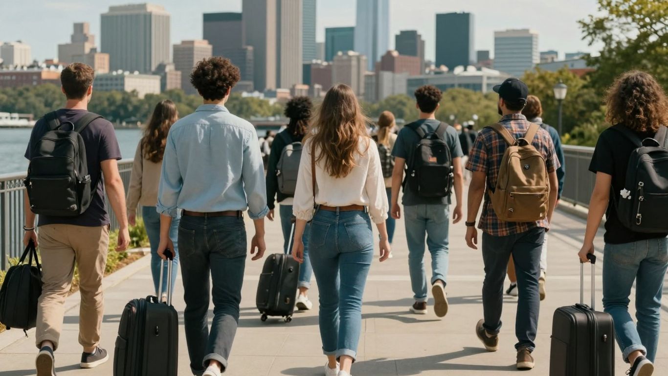 Oameni mergând spre un oraș strălucitor.