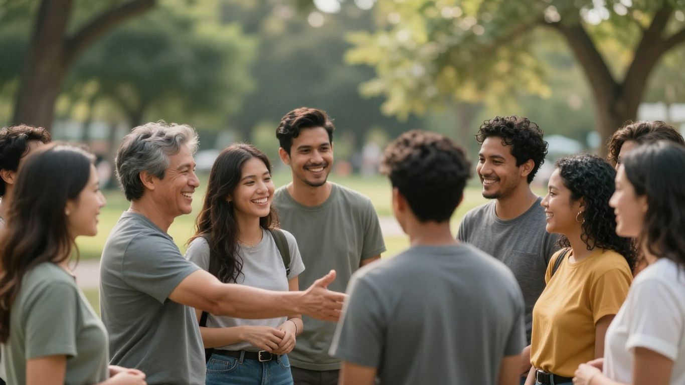 Grup de oameni zâmbind și interacționând fericiți.