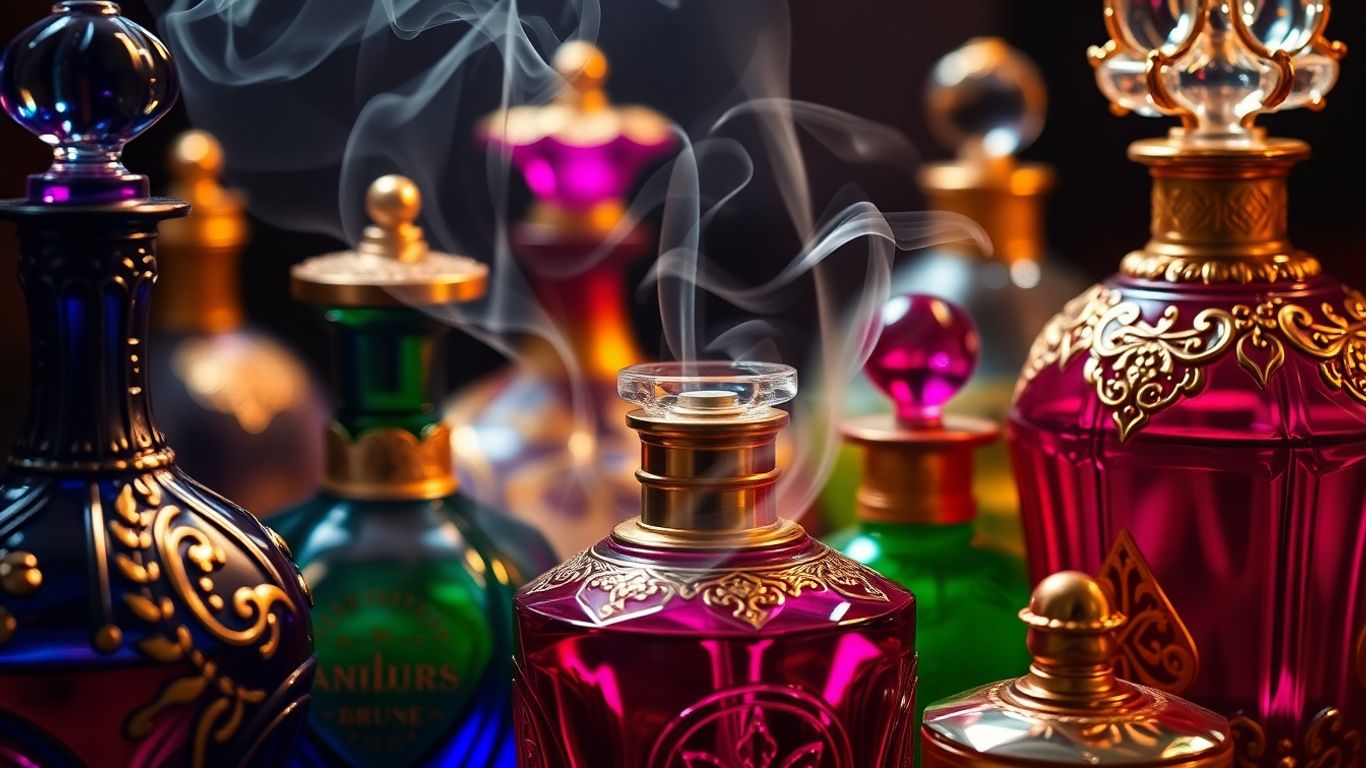 Ornate Middle Eastern perfume bottles with fragrant mist.