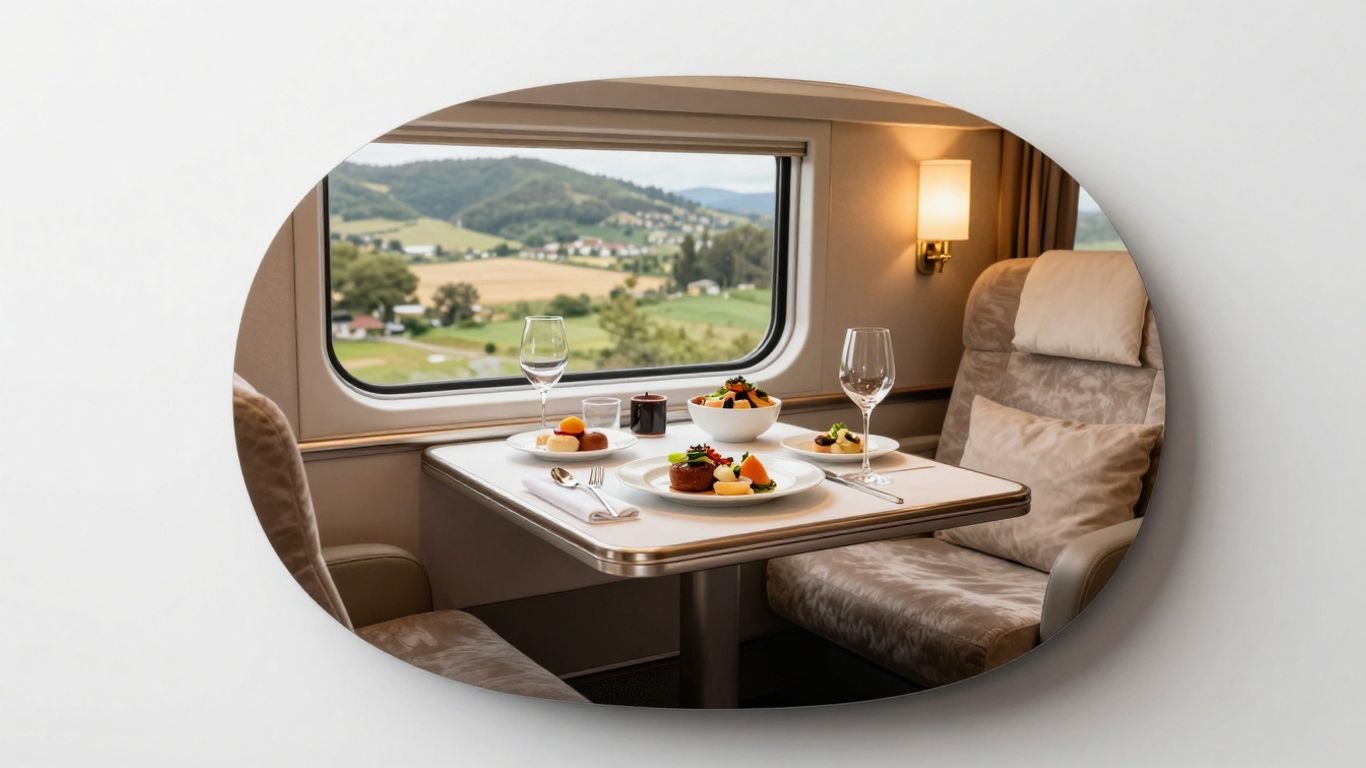 Luxury train compartment with gourmet meal and scenic view.