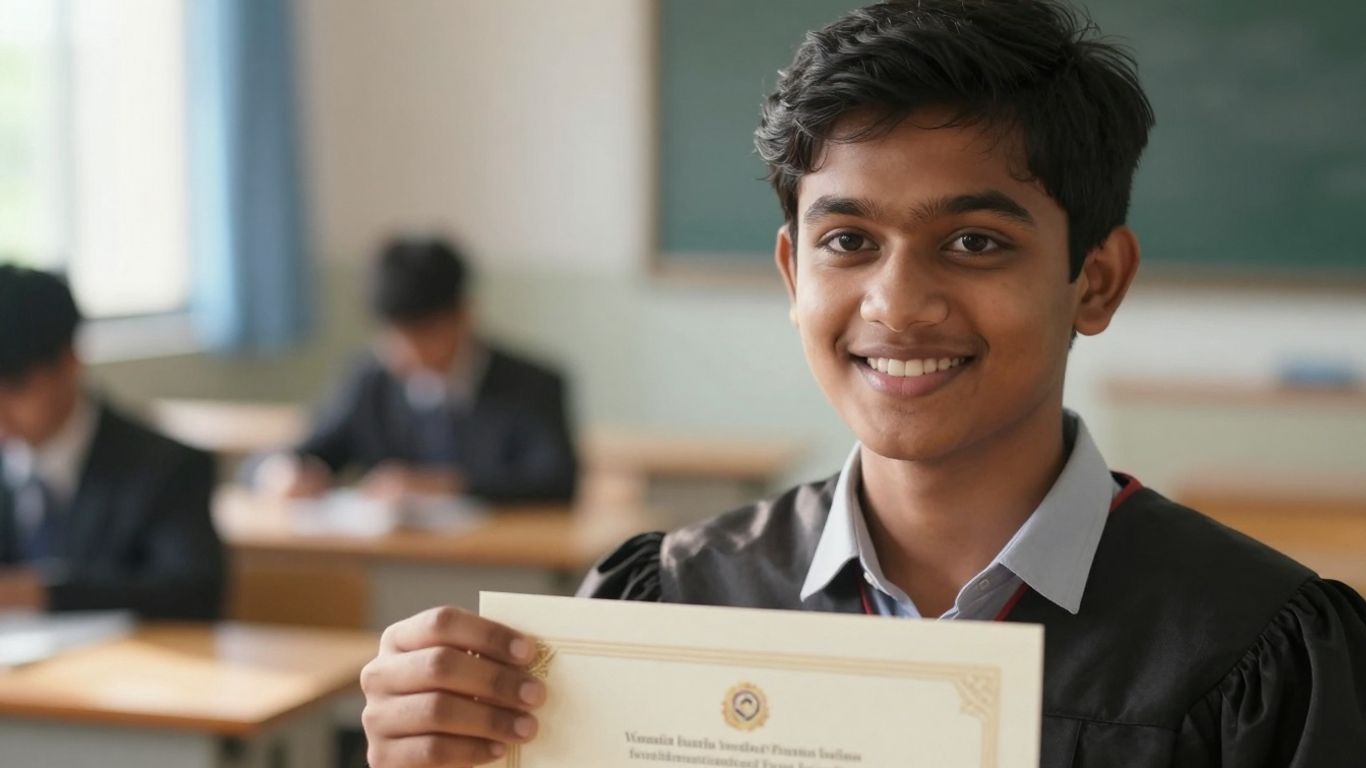 Student proudly receives CNA certification in a sunlit classroom.