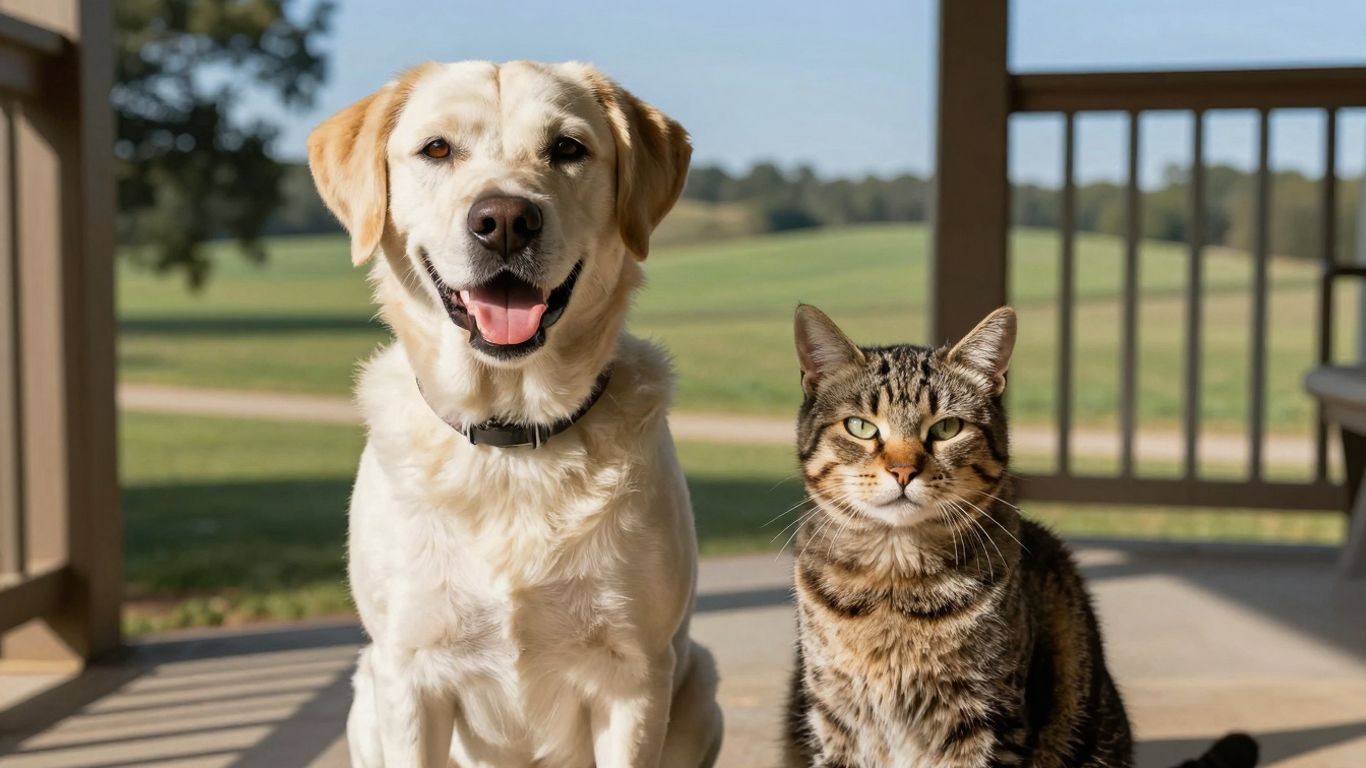 Happy dog and cat on Oklahoma porch.