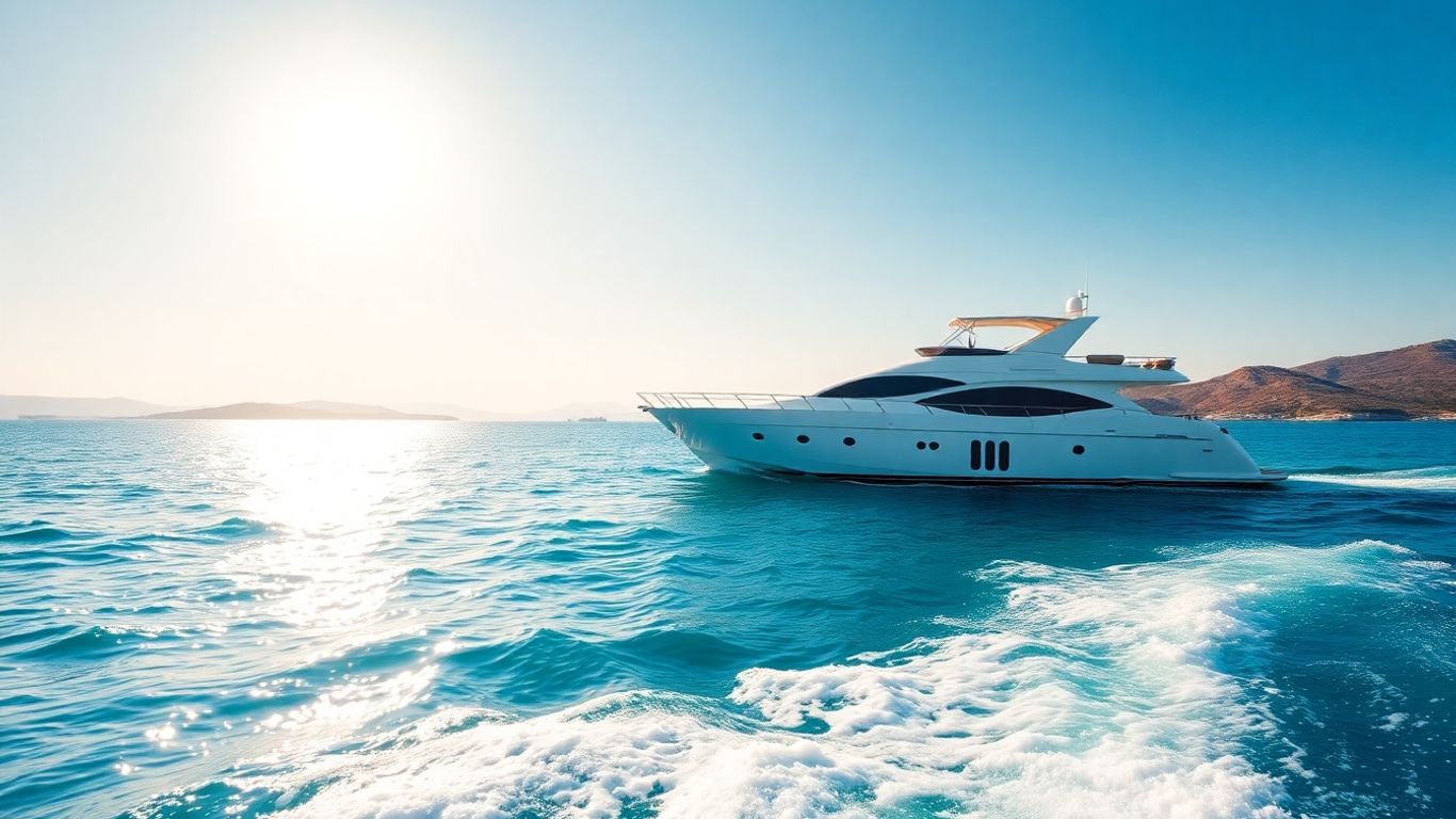 Yacht sailing on azure waters near Greek islands.